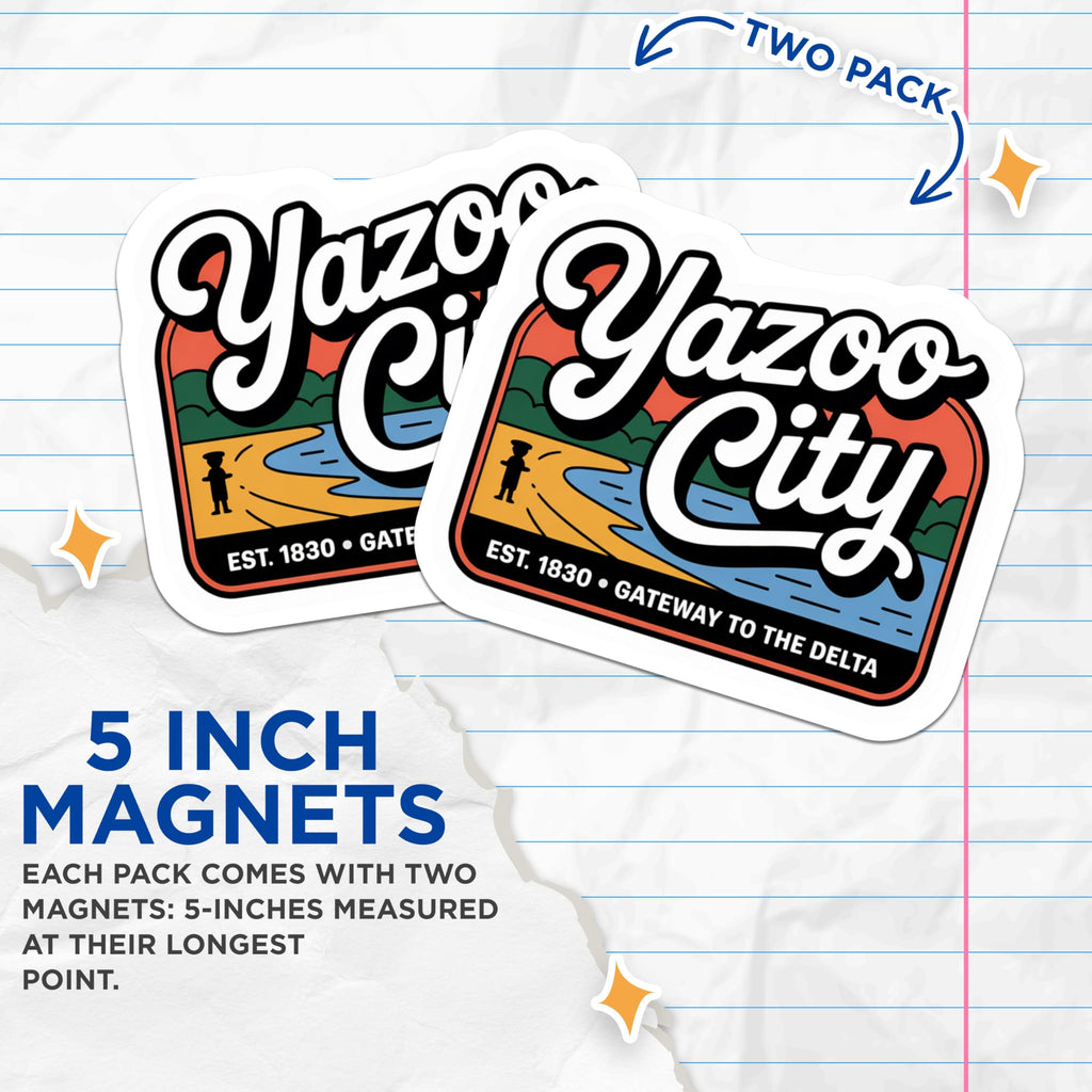 (2 Pack) Yazoo City Magnets - Mississippi Delta Souvenir - Hometown Pride Decoration - 5" On Longest Side - Premium Magnet - for Cars, Refrigerators, Toolboxes, Lockers - Made in USA - MAG18039