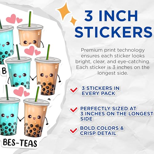 (3 Pack) Boba Tea Decals - Bestea Friends - Bubble Tea Stickers - 3 Inches On Longest Side - Easy Peel & Apply - Made in USA - 3MCS6522