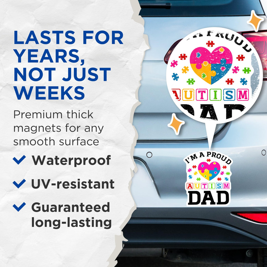(2 Pack) I'm a Proud Dad Magnets - Autism Awareness Magnets - Dad Magnets with Puzzle Heart Design - 5" On Longest Side - for Cars, Fridges, Toolboxes - Made in USA - MAG4102