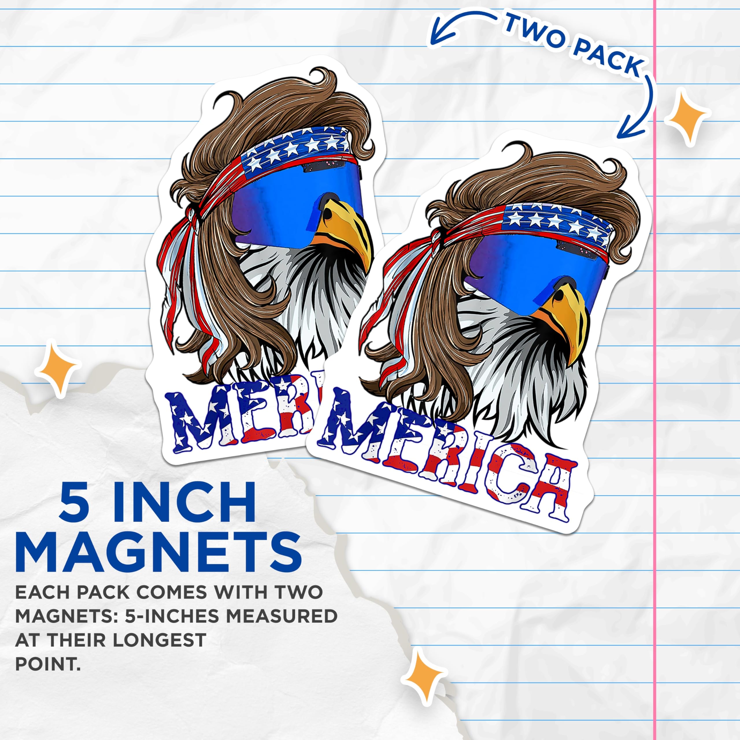 (2 Pack) Merica Mullet Eagle Magnets - Patriotic USA Pride - 4th of July Decor - Funny American Flag - 5 Inches On Longest Side - Thick Durable Magnet - Made in USA - MAG28480