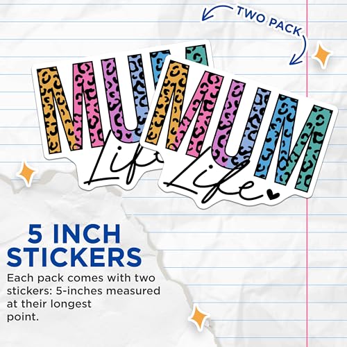(2 Pack) Mum Life Stickers - Leopard Print Mum Stickers - Colorful Mum Stickers - 5" On Longest Side - Sticks to Any Smooth Flat Surface - Made in USA - BMCS3531