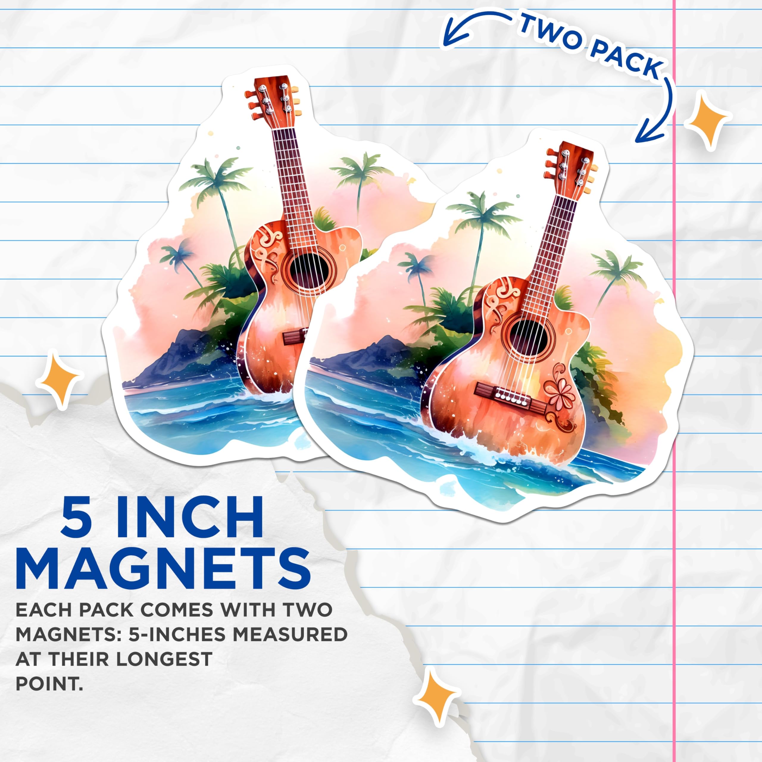 (2 Pack) Watercolor Guitar Magnets - Tropical Island Music Art - Beach Ocean Vibe Decor - 5 Inches On Longest Side - Thick Durable Magnet - Made in USA - MAG22605