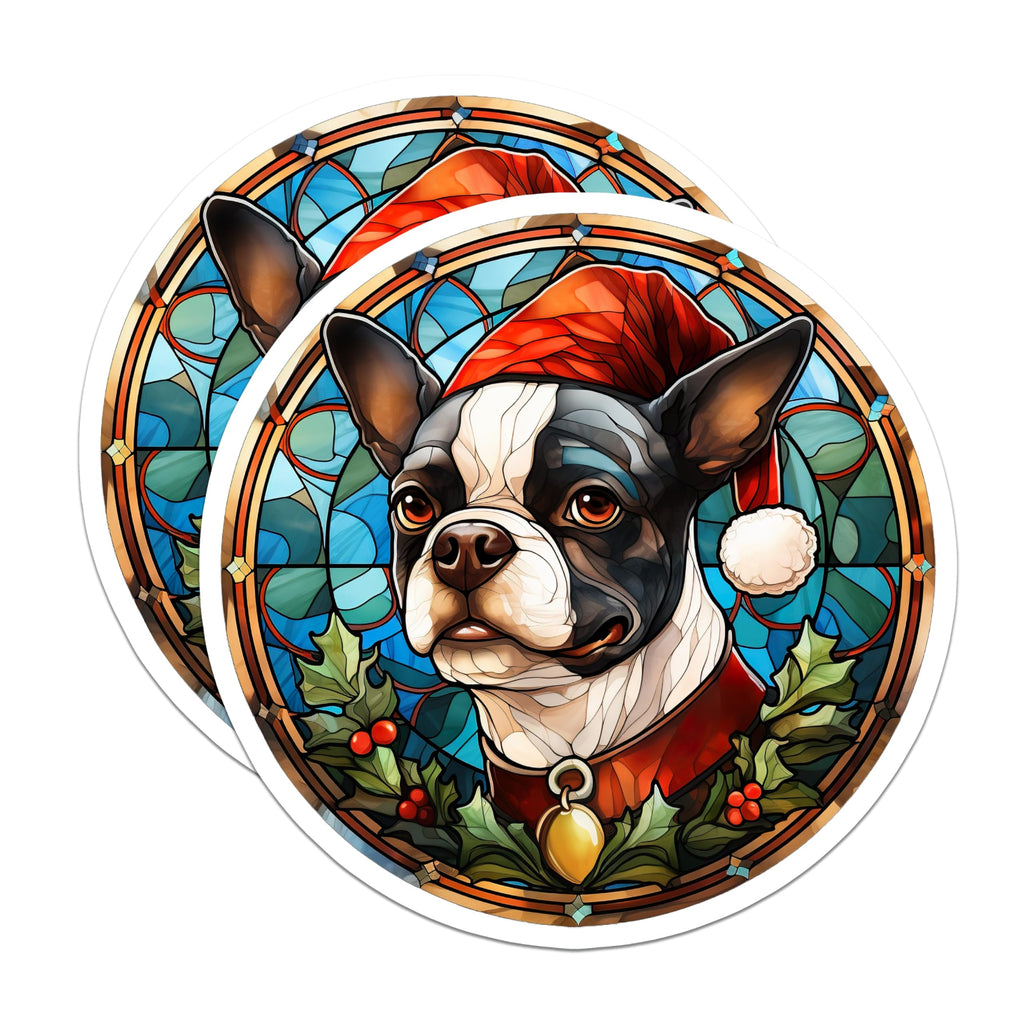 (2 Pack) Boston Terrier Christmas Dog Magnets - Stained Glass Pet Holiday Art - Refrigerator Decor - 5 Inches On Longest Side - Thick Durable Magnet - Made in USA - MAG29541