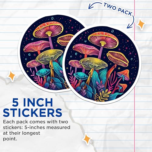 (2 Pack) Psychedelic Mushroom Stickers - Neon Mushroom Art - Trippy Nature Graphics Stickers - 5" On Longest Side - Sticks to Smooth Flat Surfaces - Made in USA - BMCS6826