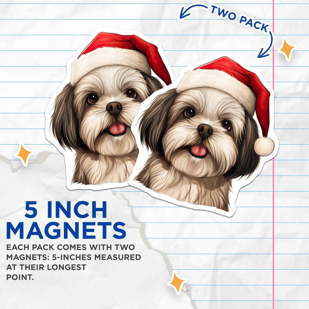 (2 Pack) Shih Tzu Christmas Magnets - Santa Hat Dog - Holiday Home Decor - 5 Inches On Longest Side - Thick Durable Magnet - Made in USA - MAG28289