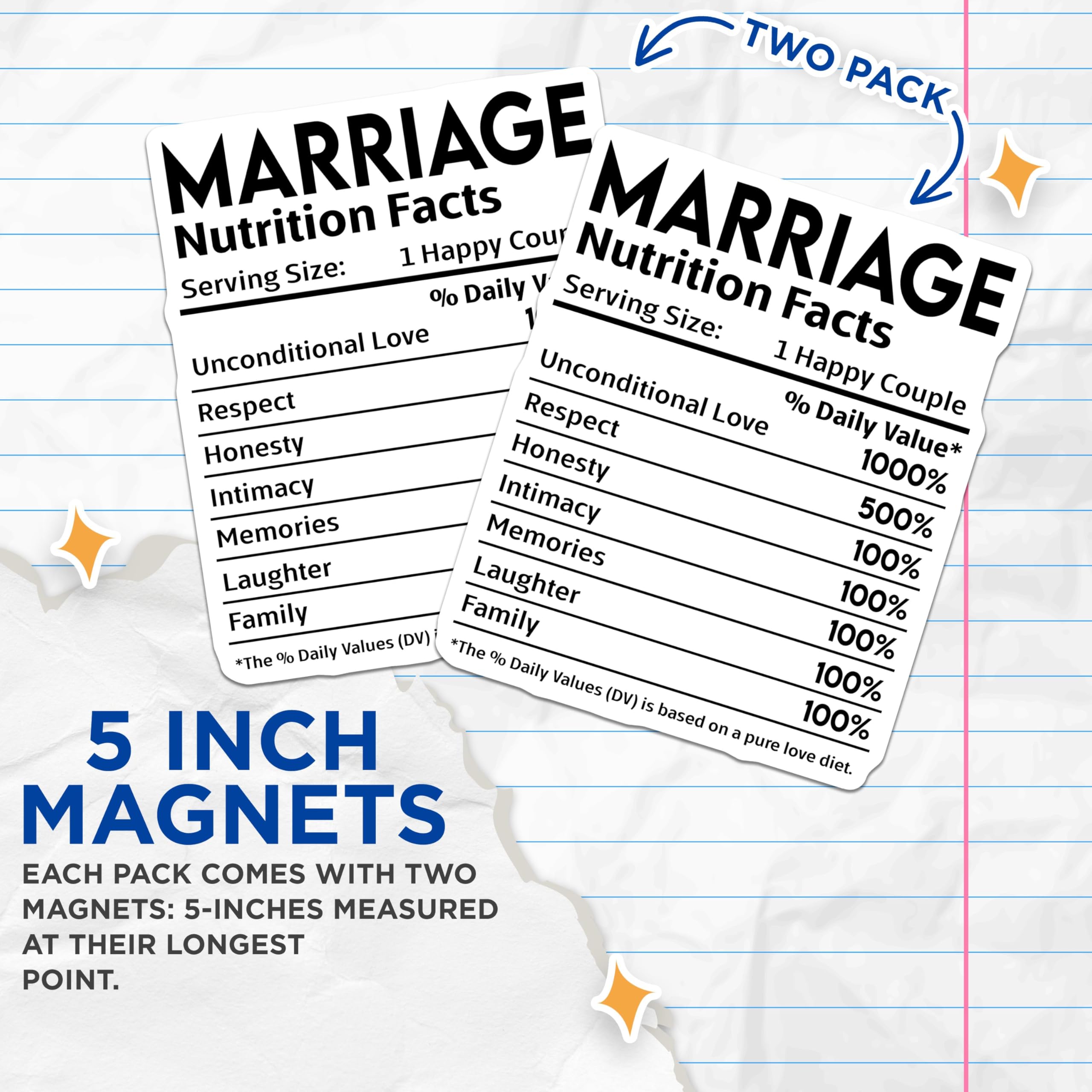 (2 Pack) Marriage Nutrition Facts Magnets - Love - Relationship - Fun Marriage Facts - 5" On Longest Side - for Cars, Fridges, Toolboxes - Made in USA - MAG4139