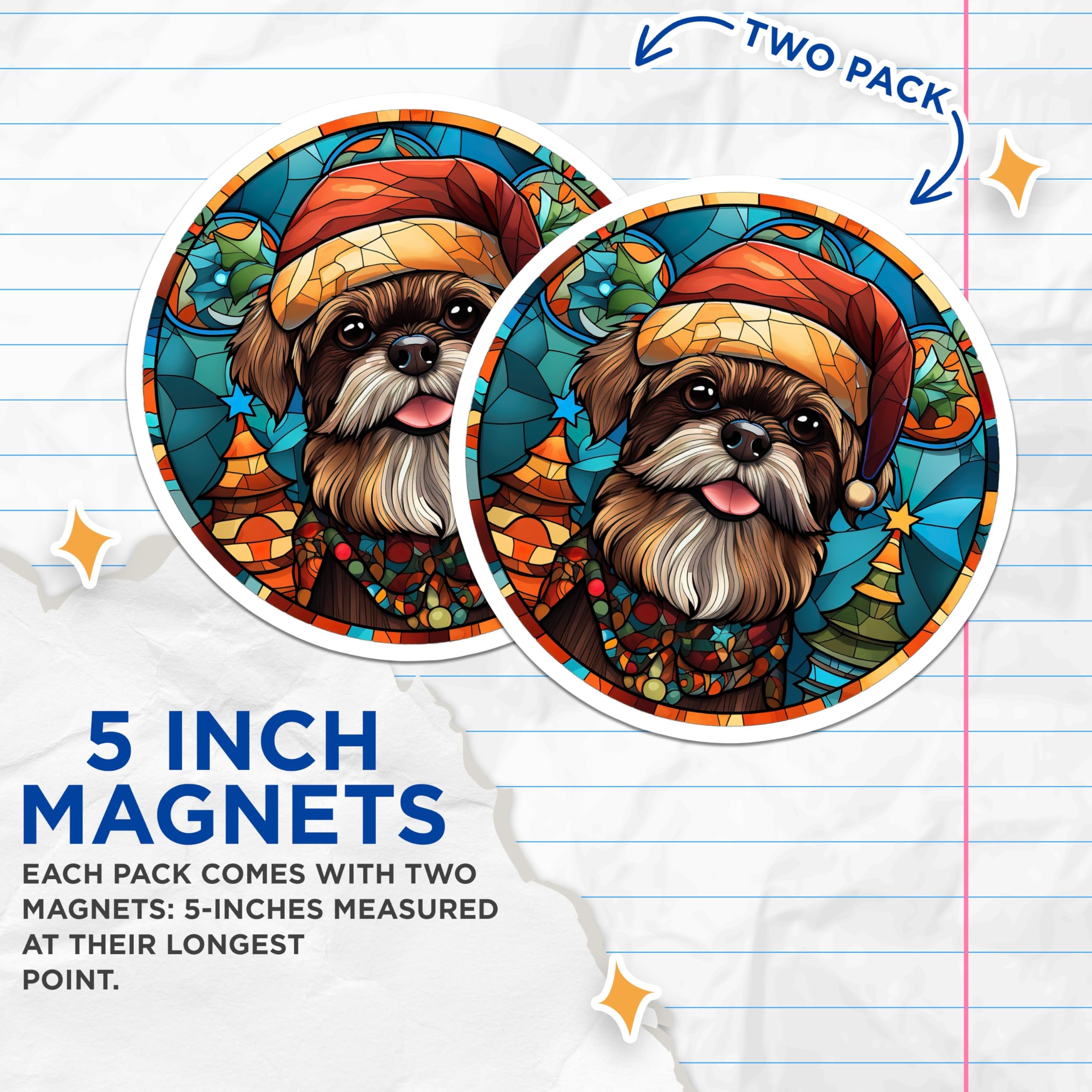 (2 Pack) Shih Tzu Christmas Magnets - Stained Glass Dog Art - Holiday Pet Lover Decor - Santa Puppy Kitchen - 5 Inches On Longest Side - Thick Durable Magnet - Made in USA - MAG25357