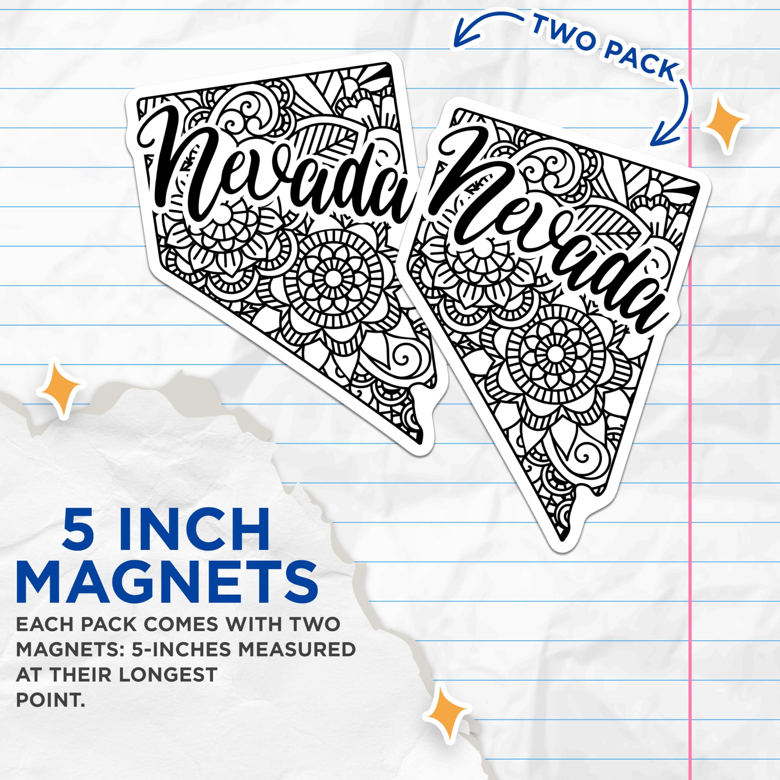 (2 Pack) Nevada Magnets - Intricate Mandala Zentangle Design - State Outline Decor Souvenir - US Travel Keepsake - 5 Inches On Longest Side - Thick Durable Magnet - Made in USA - MAG21800