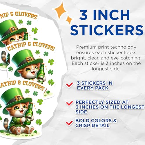(3 Pack) St Patricks Day Decals - Leprechaun Cat - Clover Stickers - 3 Inches On Longest Side - Easy Peel & Apply - Made in USA - 3MCS6877