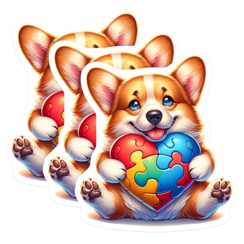 (3 Pack) Corgi Autism Decals - Heart Puzzle Piece - Laptop Decals - 3 Inches On Longest Side - Easy Peel & Apply - Made in USA - 3MCS8235