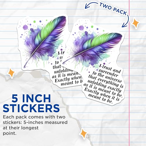 (2 Pack) Motivational Quote Feather Stickers - Inspirational Decor - Positive Affirmation - 5" On Longest Side - Sticks to Smooth Flat Surfaces - Made in USA - BMCS7547