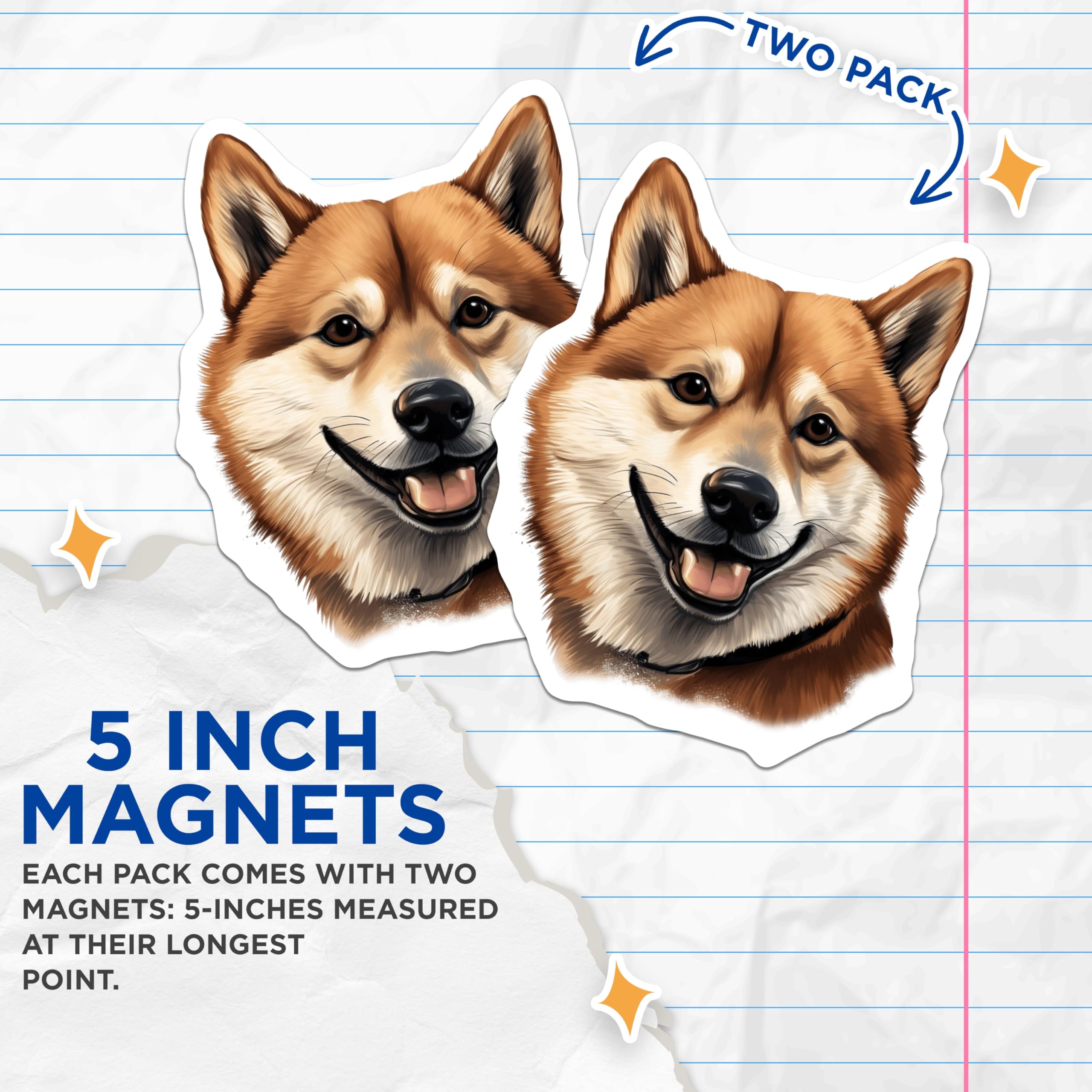 (2 Pack) Shiba Inu Dog Magnets - Smiling Puppy Art - Cute Animal Fridge Magnets - Pet Lover Locker Decor for Dog Enthusiasts - 5 Inches On Longest Side - Thick Durable Magnet - Made in USA - MAG24251