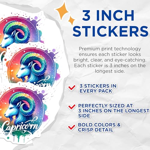 (3 Pack) Capricorn Zodiac Decals - Astrology Sign - Laptop Decal- 3 Inches On Longest Side - Easy Peel & Apply - Made in USA - 3MCS5703