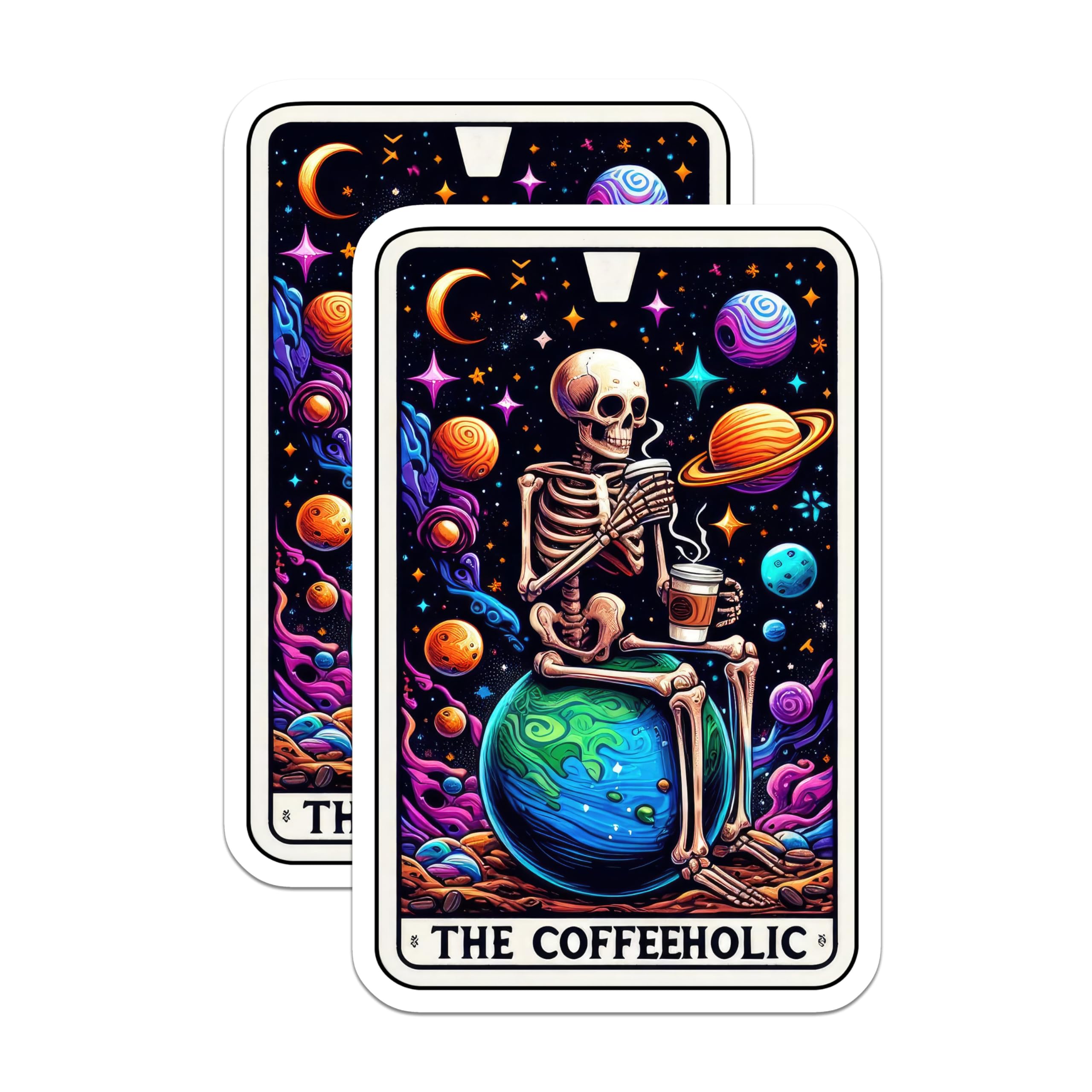 (2 Pack) Cool Skeleton Coffee Stickers - Funny Coffeeholic Decals - Cosmic Coffee Lover Art Stickers - 5" On Longest Side - Sticks to Smooth Flat Surfaces - Made in USA - BMCS5369