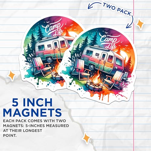 (2 Pack) Camp Life Magnets - Retro Camper Magnets - Colorful Camping Chair Magnets for Outdoor Enthusiasts - 5" On Longest Side - for Cars, Fridges, Toolboxes - Made in USA - MAG7245