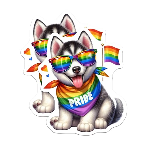 (2 Pack) Pride Husky Pup Magnets - Rainbow Dog - LGBTQ+ Support - Cute Puppy - Festive Decor - 5" On Longest Side - for Cars, Fridges, Toolboxes - Made in USA - MAG7158