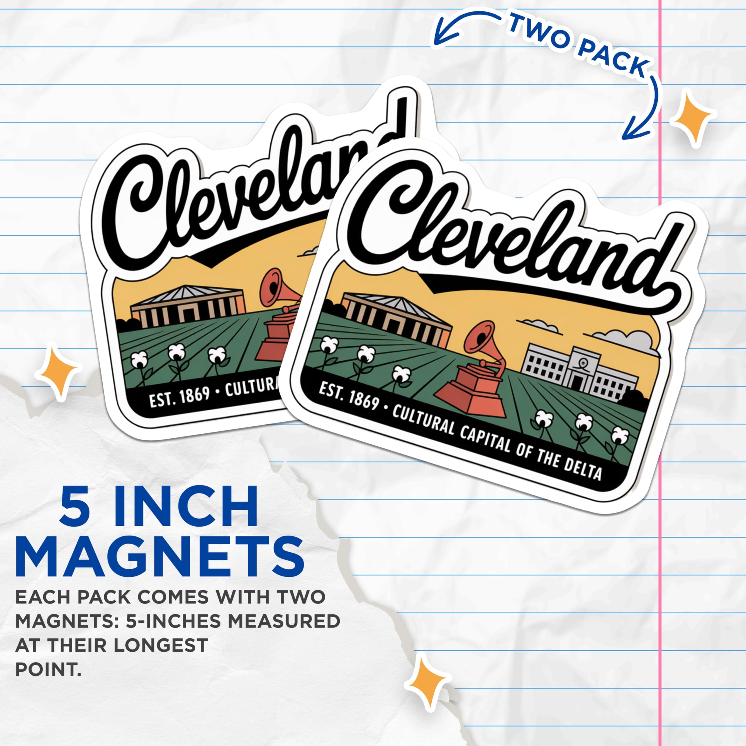 (2 Pack) Cleveland Magnets - Cultural Capital of Delta - Mississippi Souvenir - 5" On Longest Side - Premium Magnet - for Cars, Refrigerators, Toolboxes, Lockers - Made in USA - MAG18780