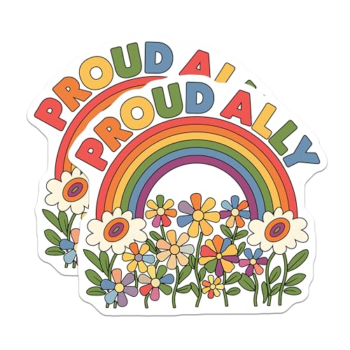 (2 Pack) Proud Ally Stickers - LGBTQ+ Rainbow Stickers - Floral Ally Stickers - 5" On Longest Side - Sticks to Smooth Flat Surfaces - Made in USA - BMCS3894