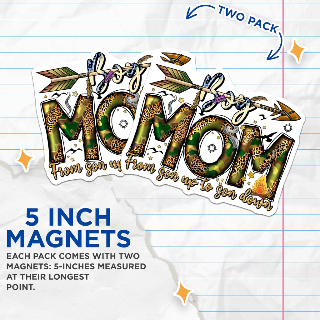 (2 Pack) Boy Mom Magnets - Camo Leopard Print - Proud Mother of Sons - Outdoorsy Mom Decor - 5 Inches On Longest Side - Thick Durable Magnet - Made in USA - MAG29569