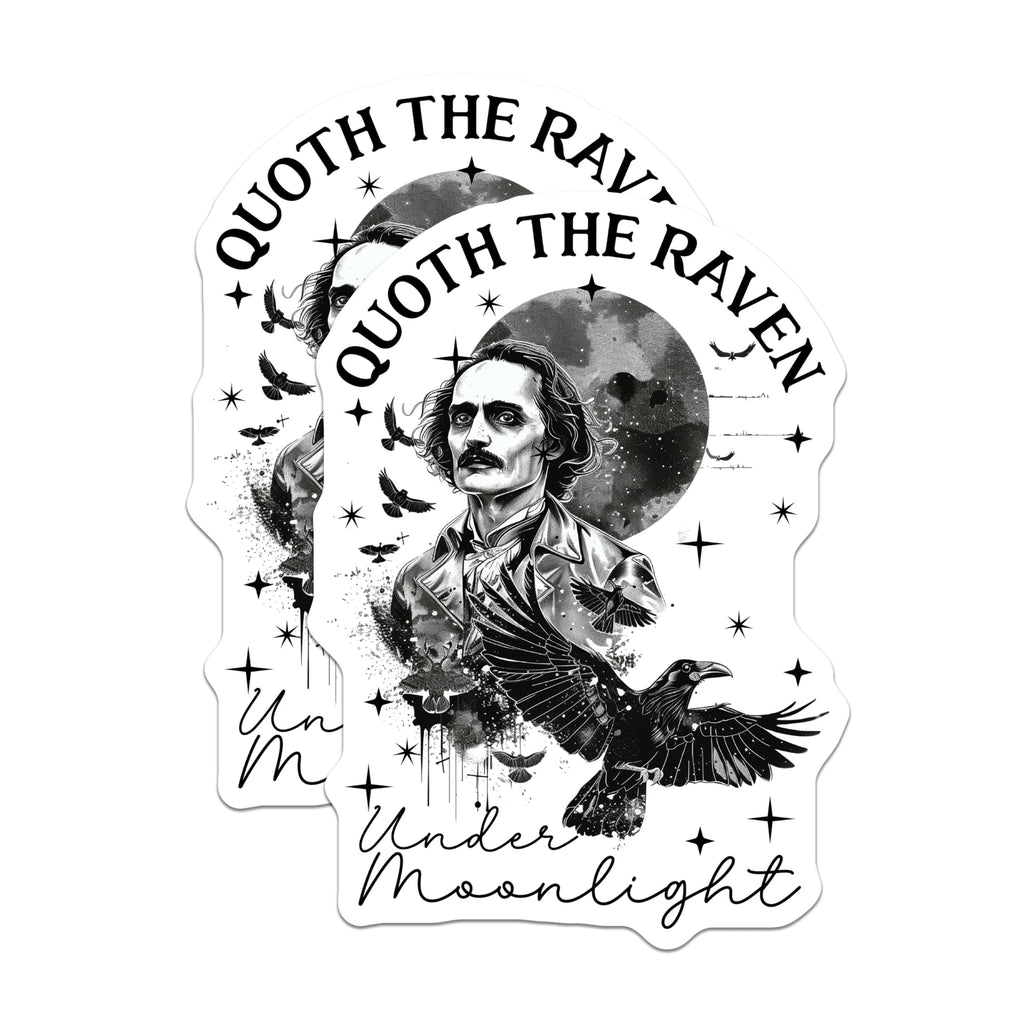 (2 Pack) Quoth The Raven Stickers - Edgar Allan Poe Stickers - Gothic Moonlight Stickers - 5" On Longest Side - Sticks to Any Smooth Flat Surface - Made in USA - BMCS3549