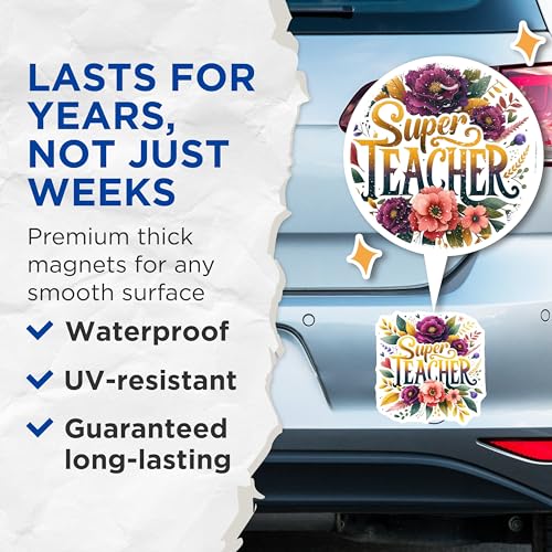 (2 Pack) Super Teacher Magnets - Floral Design - Classroom - Teacher Appreciation - 5" On Longest Side - for Cars, Fridges, Toolboxes - Made in USA - MAG4419