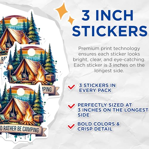 (3 Pack) Camping Decals - I'd Rather Be Camping - Outdoorsy Laptop Decals- 3 Inches On Longest Side - Easy Peel & Apply - Made in USA - 3MCS5431
