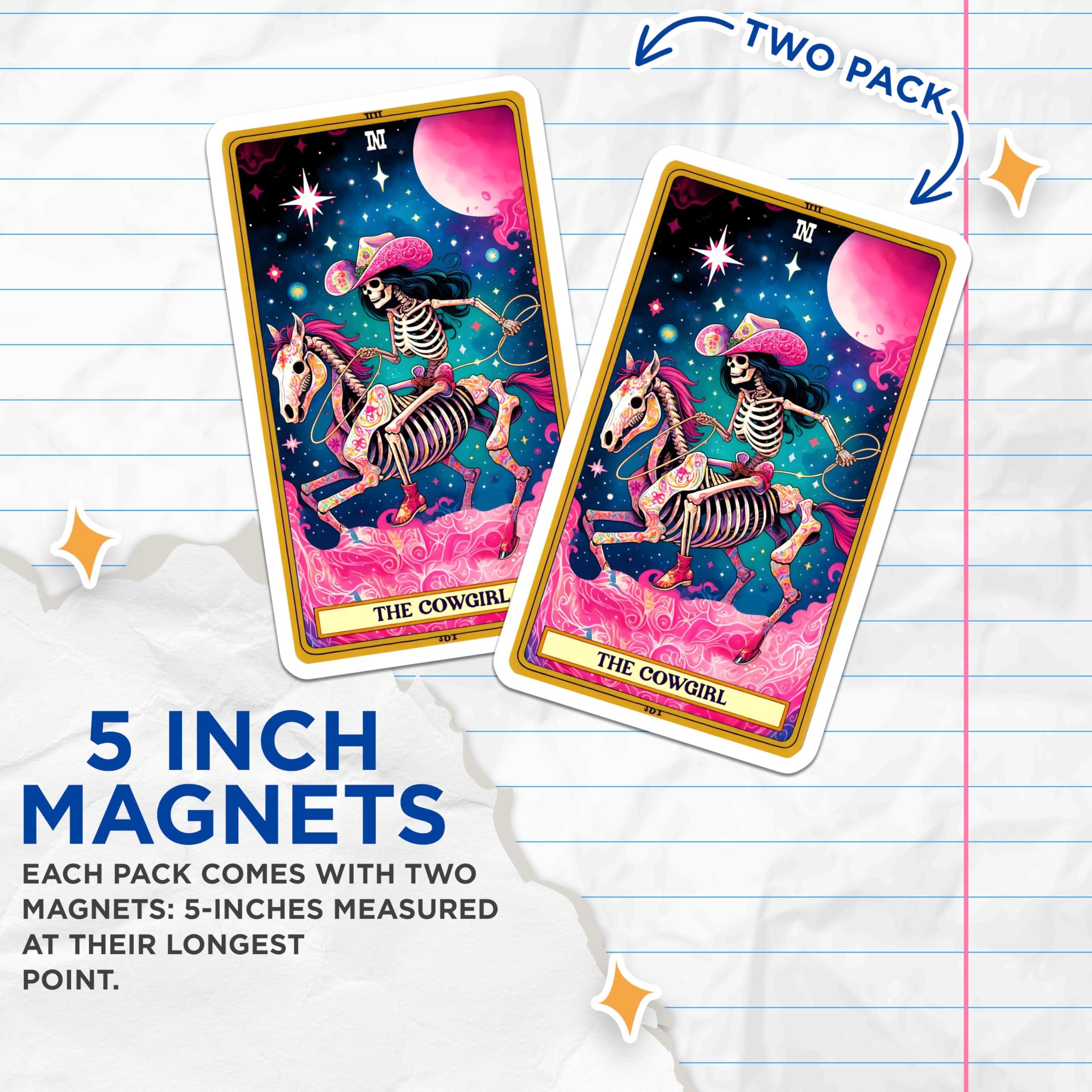 (2 Pack) Western Skeleton Cowgirl Magnets - Day of the Dead Horse Art - Cosmic Tarot Card Decor - 5 Inches On Longest Side - Thick Durable Magnet - Made in USA - MAG22754
