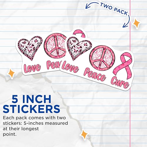 (2 Pack) Breast Cancer Awareness Stickers - Love Peace Cure Decals - Pink Ribbon Support Stickers - 5" On Longest Side - Sticks to Smooth Flat Surfaces - Made in USA - BMCS4739