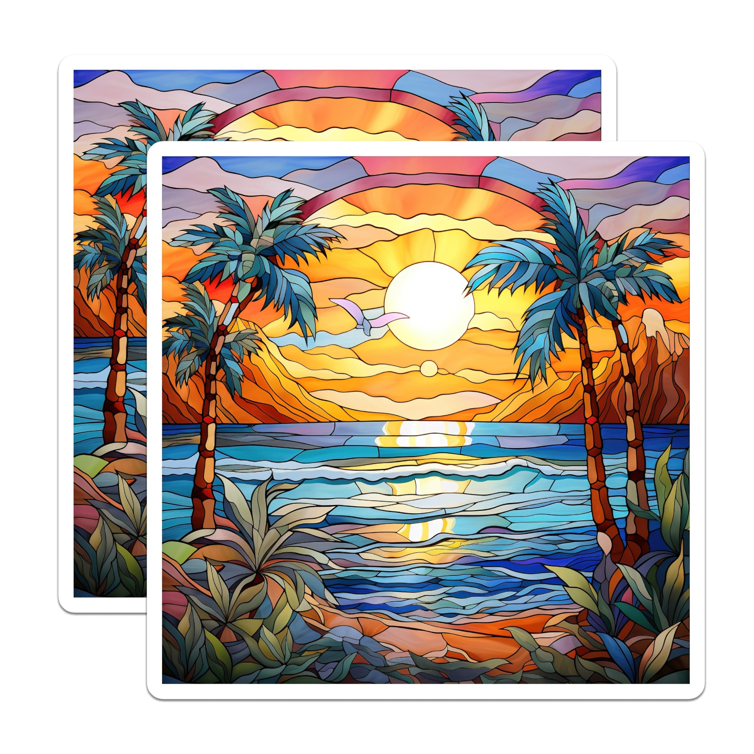 (2 Pack) Tropical Sunset Magnets - Stained Glass Palm Tree - Beach Ocean Decor - 5 Inches On Longest Side - Thick Durable Magnet - Made in USA - MAG29559