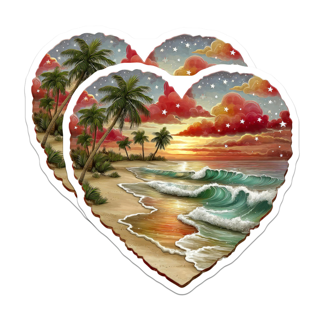 (2 Pack) Heart Beach Sunset Magnets - Tropical Ocean Waves Decor - Romantic Palm Tree Dreamy Coastal Art for Fridge - 5 Inches On Longest Side - Thick Durable Magnet - Made in USA - MAG38127