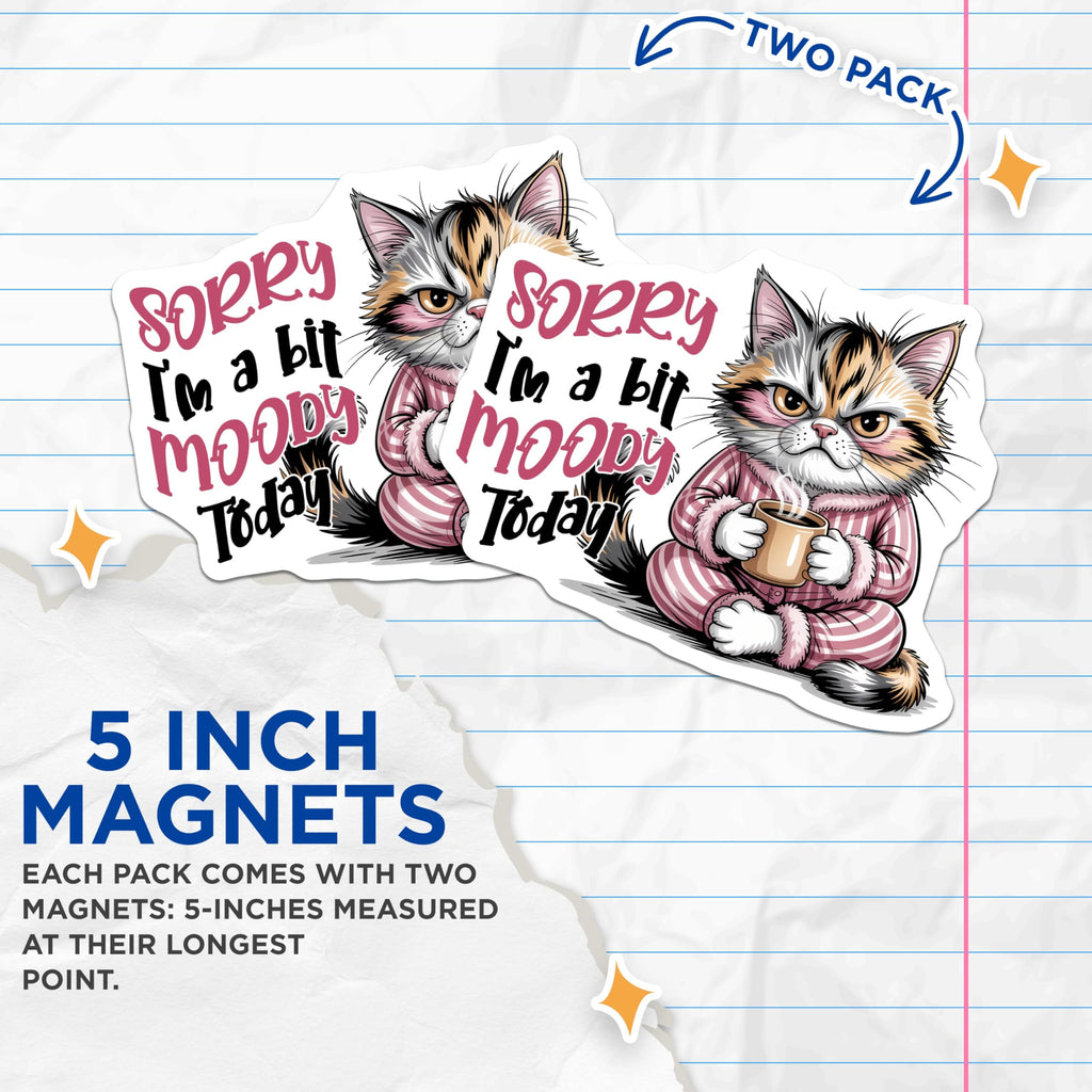 (2 Pack) Moody Cat Magnets - Funny Kitten Fridge Decor - Grumpy Cat Lover Gifts - 5" On Longest Side - Premium Magnet - for Cars, Refrigerators, Toolboxes, Lockers - Made in USA - MAG14436