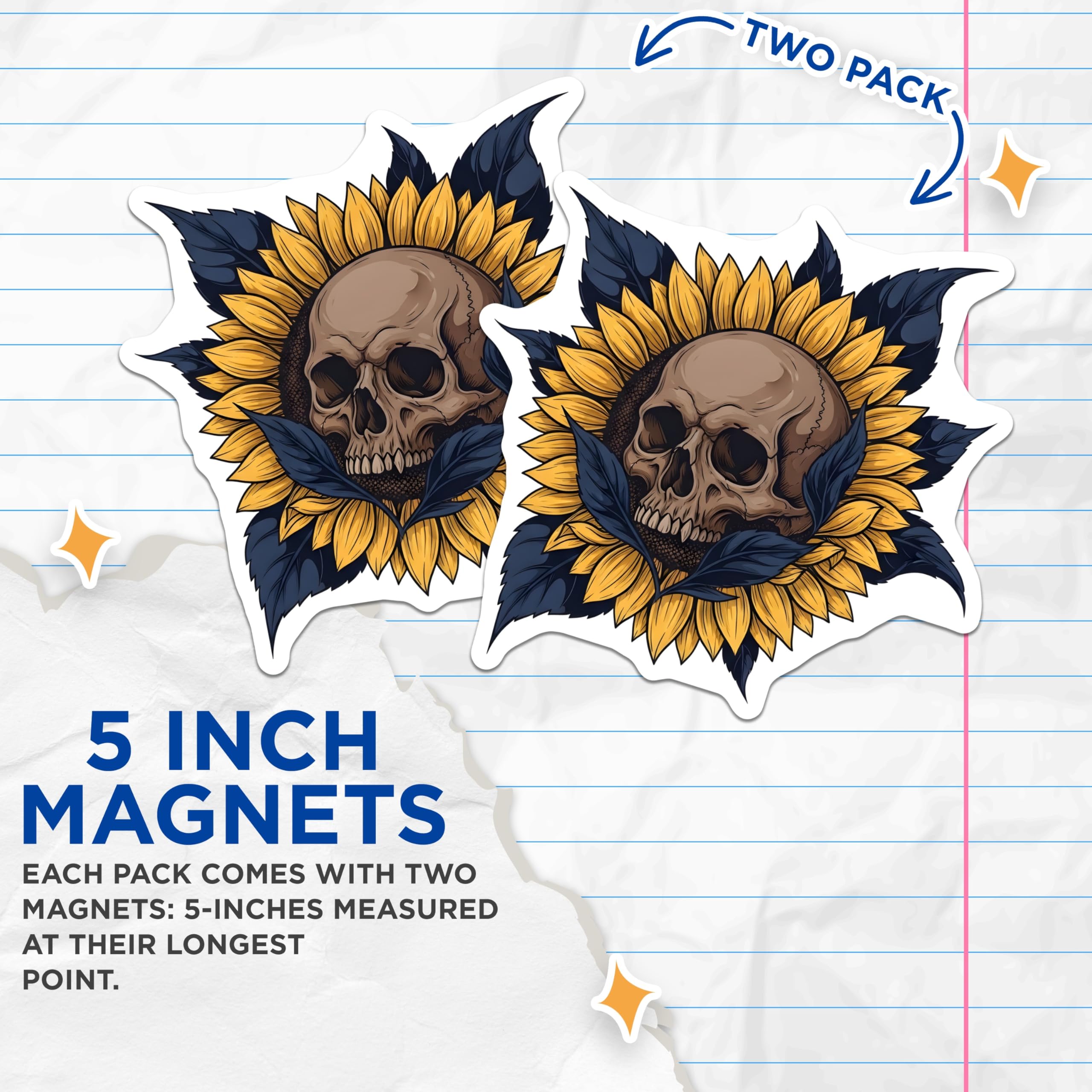 (2 Pack) Skull Sunflowers Magnets - Gothic Decor - Spooky Floral Refrigerator Magnets - 5" On Longest Side - Premium Magnet - for Cars, Refrigerators, Toolboxes, Lockers - Made in USA - MAG18721