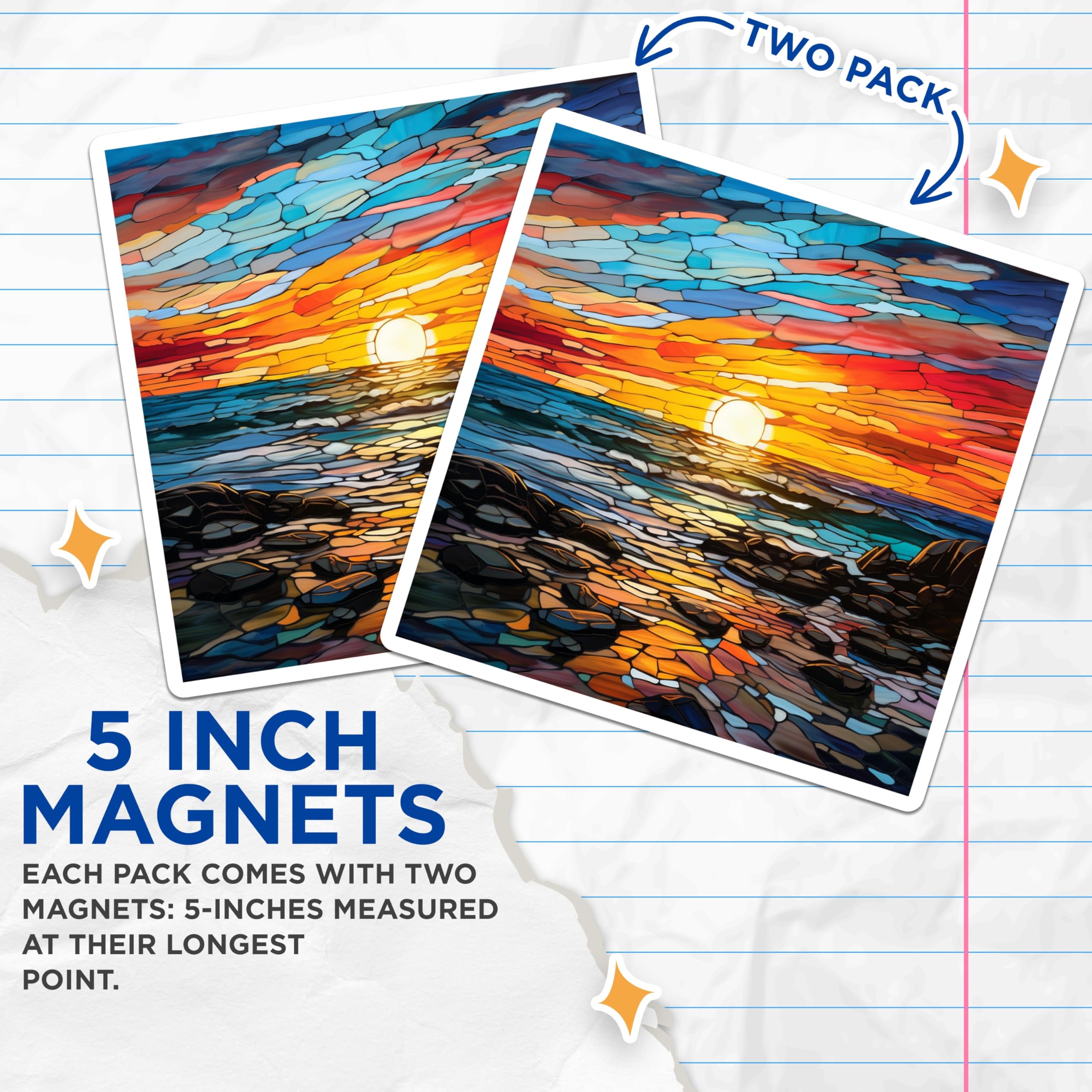 (2 Pack) Stained Glass Sunset Magnets - Ocean View Art - Coastal Beach Refrigerator Decor - 5 Inches On Longest Side - Thick Durable Magnet - Made in USA - MAG28350