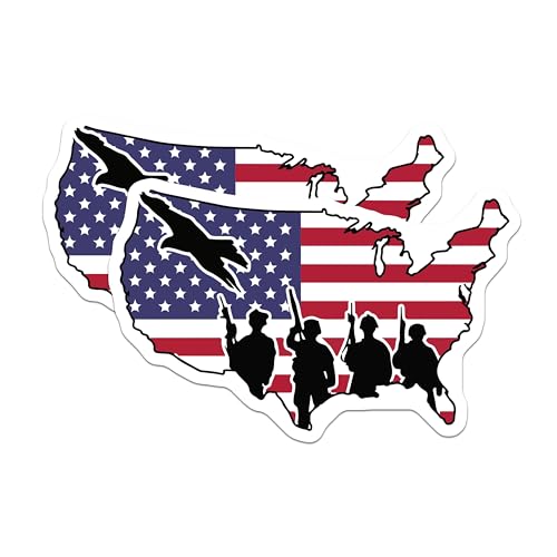 (2 Pack) USA Flag Military Stickers - American Soldier - Patriotic Map Sticker - 5" On Longest Side - Sticks to Smooth Flat Surfaces - Made in USA - BMCS6027