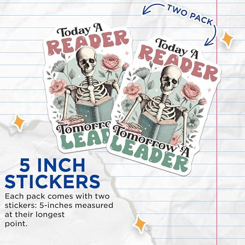 (2 Pack) Skeleton Reader Stickers - Inspirational Book Stickers - Motivational Reading Leader Decals - 5" On Longest Side - Sticks to Smooth Flat Surfaces - Made in USA - BMCS6544