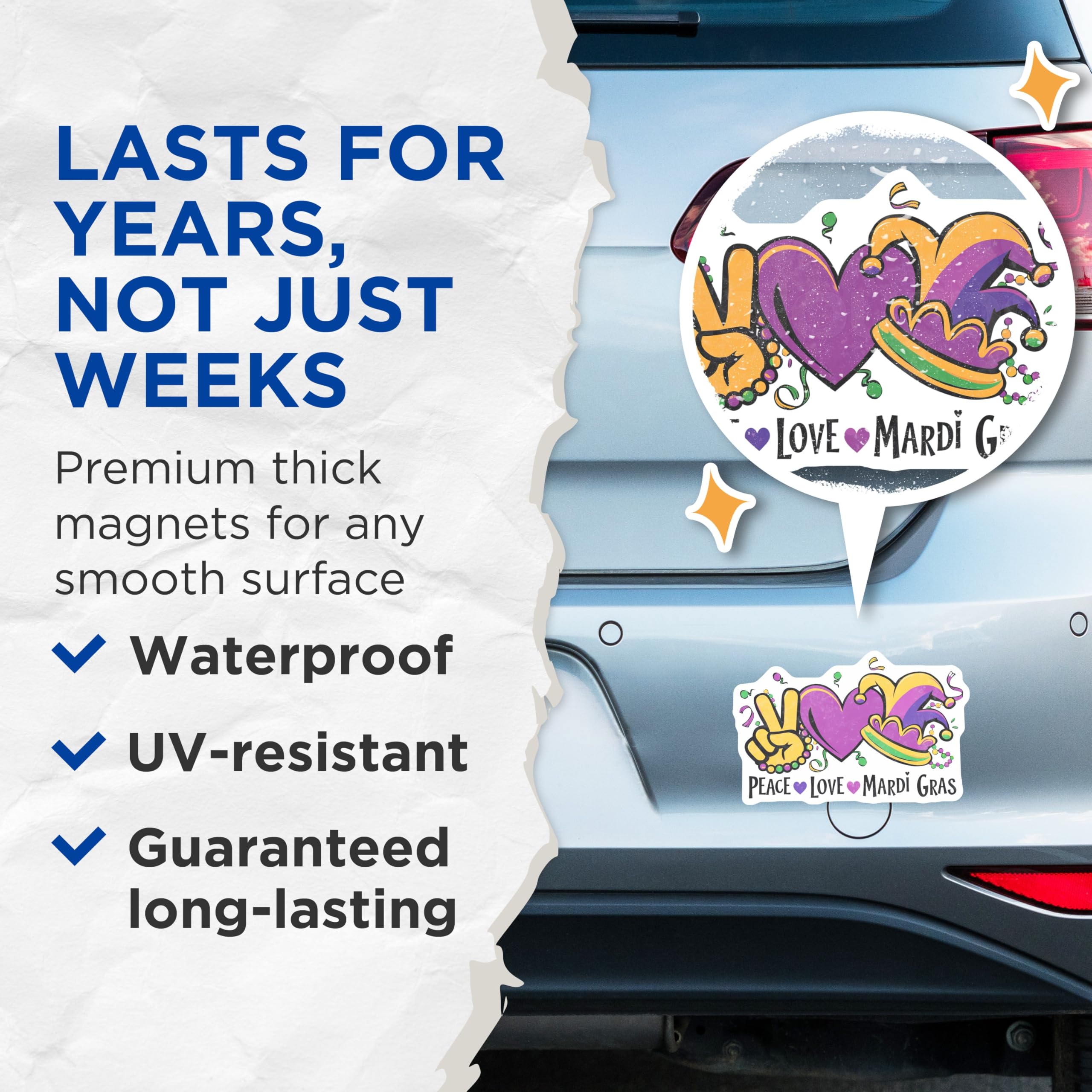 (2 Pack) Mardi Gras Magnets - Peace Love Party - Louisiana Decor Souvenir - 5" On Longest Side - Premium Magnet - for Cars, Refrigerators, Toolboxes, Lockers - Made in USA - MAG14873