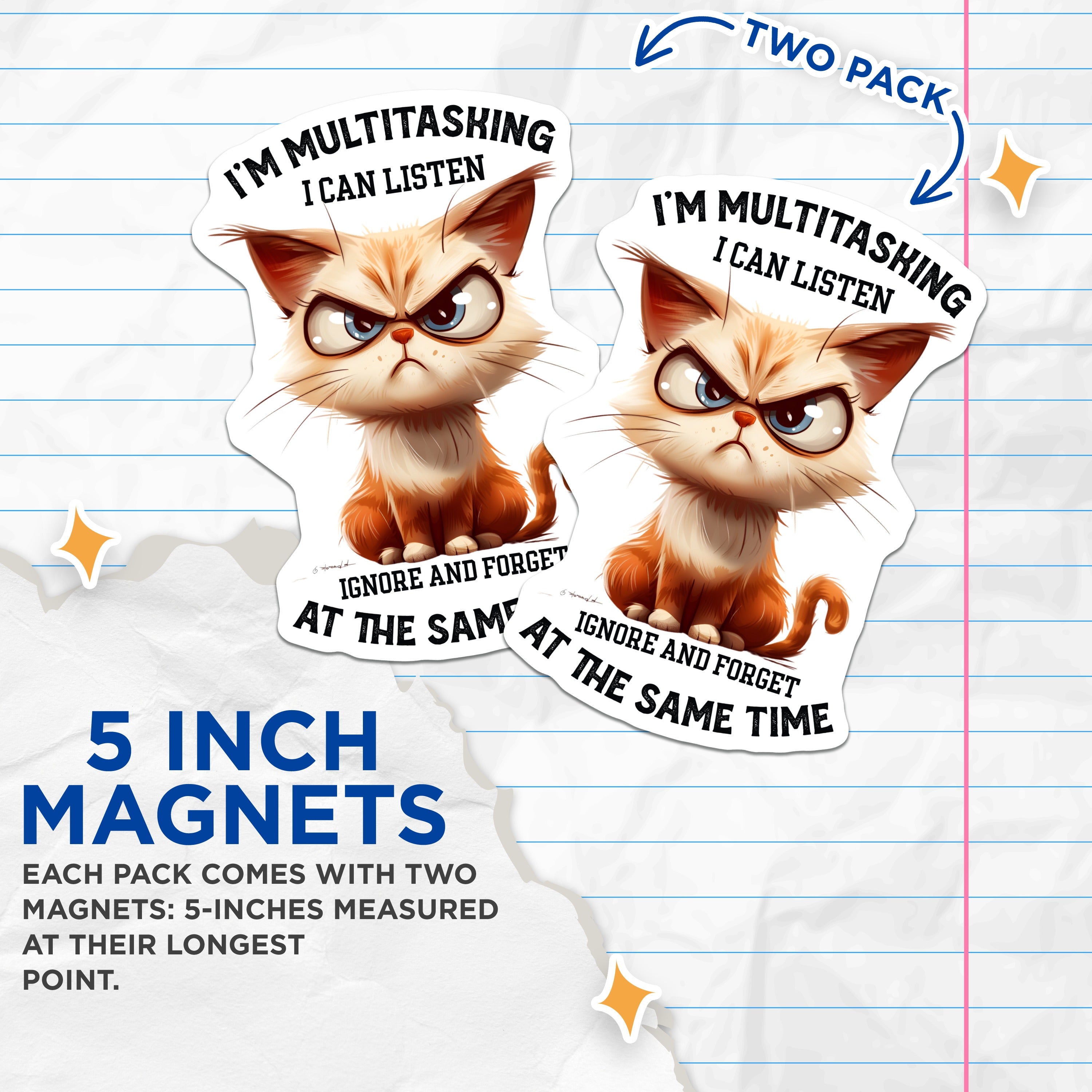 (2 Pack) Grumpy Cat Multitasking Magnets - Funny Sarcastic Kitten - Pet Lover Fridge Decor - 5 Inches On Longest Side - Thick Durable Magnet - Made in USA - MAG36500