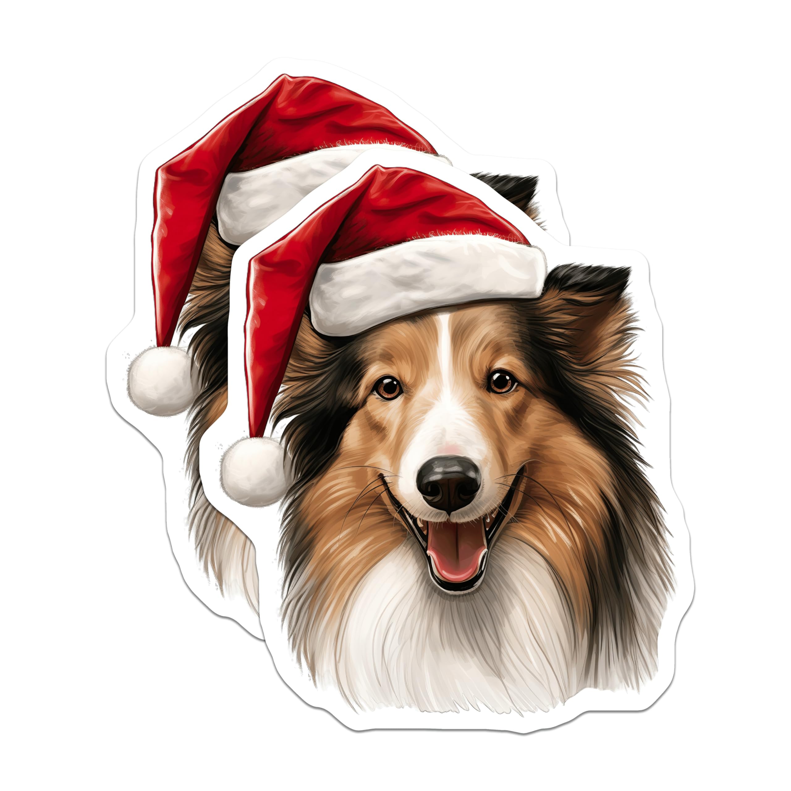 (2 Pack) Shetland Sheepdog Magnets - Happy Sheltie Christmas Decor - Santa Hat Dog Holiday Festive Accent - 5 Inches On Longest Side - Thick Durable Magnet - Made in USA - MAG23718