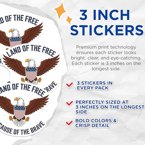 (3 Pack) Land of The Free Decals - Patriotic Eagle Art - Laptop Decal - American Pride Emblem - 3 Inches On Longest Side - Easy Peel & Apply - Made in USA - 3MCS2664