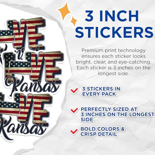 (3 Pack) Kansas Decals - Love Kansas - Patriotic Decal - State Pride - 3 Inches On Longest Side - Easy Peel & Apply - Made in USA - 3MCS0307