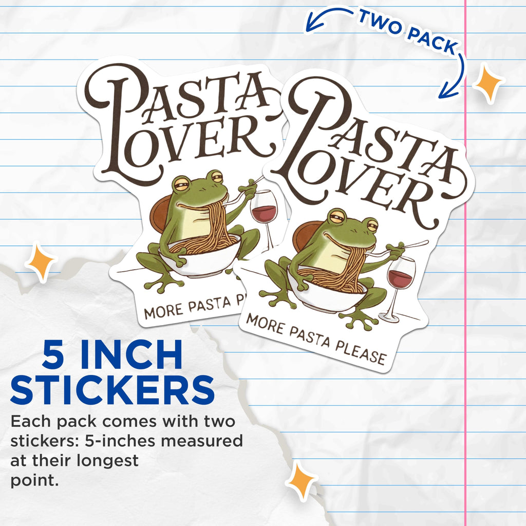 (2 Pack) Pasta Lover Stickers - Funny Food Stickers - Pasta Eating Frog Stickers - 5" On Longest Side - Sticks to Smooth Flat Surfaces - Made in USA - BMCS4207