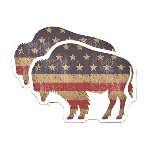 (2 Pack) American Flag Bison Stickers - Patriotic Wildlife Decal - Rustic Animal Art Sticker - 5" On Longest Side - Sticks to Smooth Flat Surfaces - Made in USA - BMCS9567