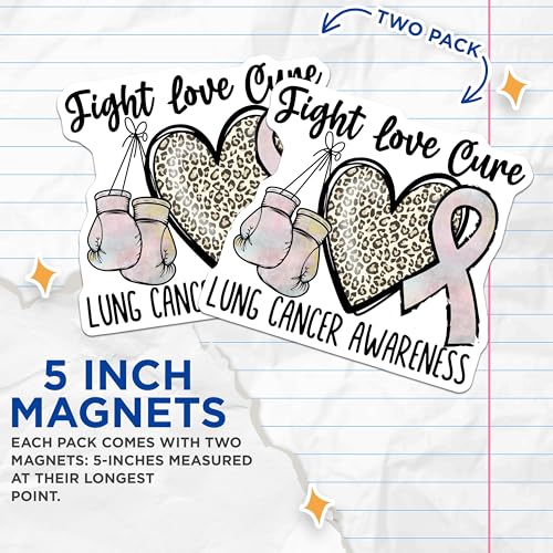 (2 Pack) Fight Love Cure Magnets - Lung Cancer Awareness - Boxing Gloves Heart Ribbon - 5" On Longest Side - for Cars, Fridges, Toolboxes - Made in USA - MAG4290