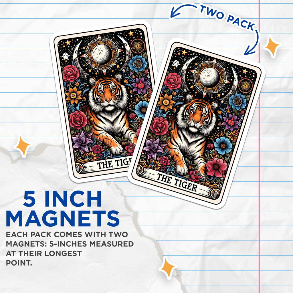 (2 Pack) Tiger Zodiac Magnets - Astrology Art - Colorful Tiger Illustration - Floral - 5" On Longest Side - for Cars, Fridges, Toolboxes - Made in USA - MAG4491