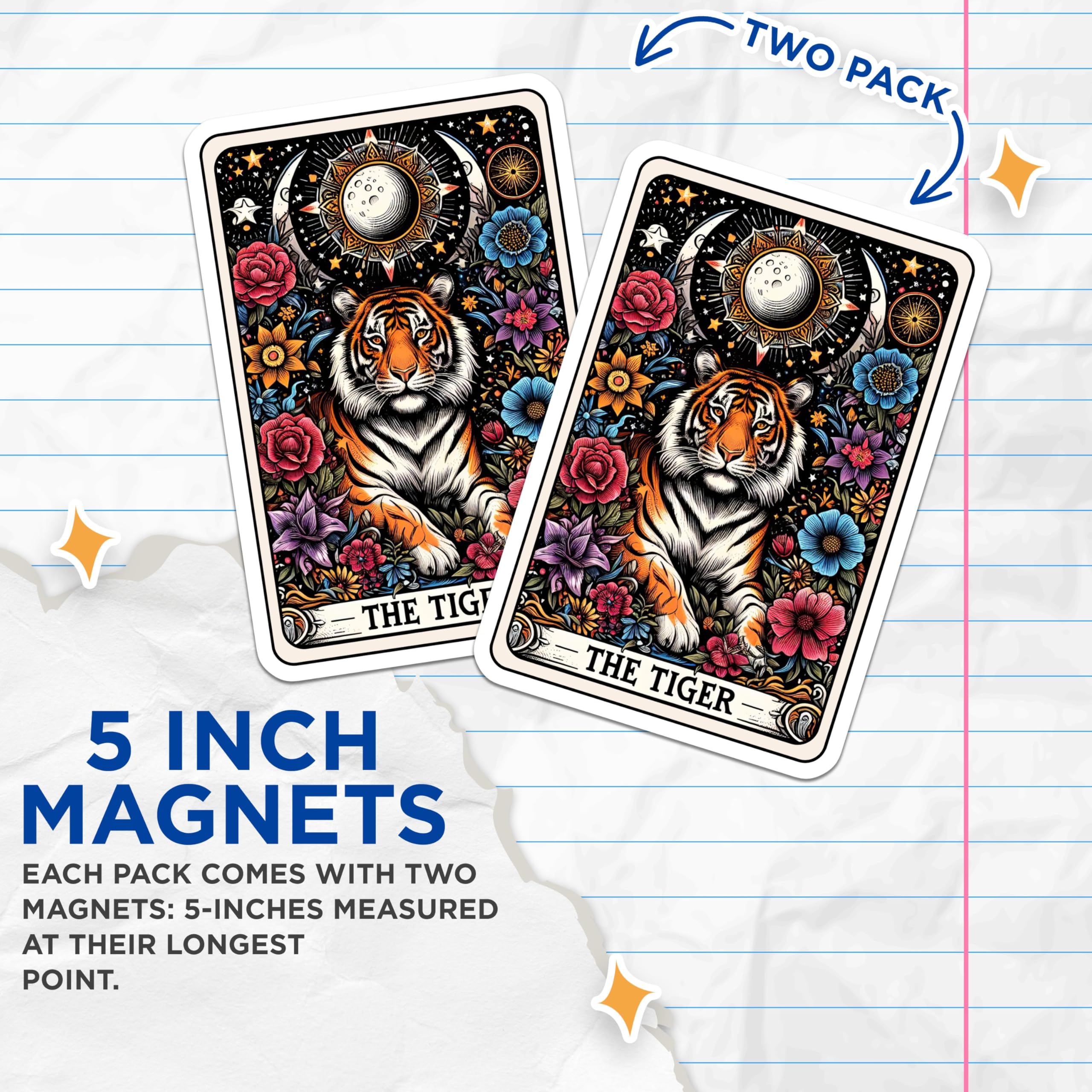 (2 Pack) Tiger Zodiac Magnets - Astrology Art - Colorful Tiger Illustration - Floral - 5" On Longest Side - for Cars, Fridges, Toolboxes - Made in USA - MAG4491