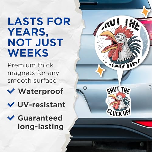 (2 Pack) Shut The Cluck Up Magnets - Funny Chicken Magnets - Comical Kitchen Magnets - 5" On Longest Side - for Cars, Fridges, Toolboxes - Made in USA - MAG4546