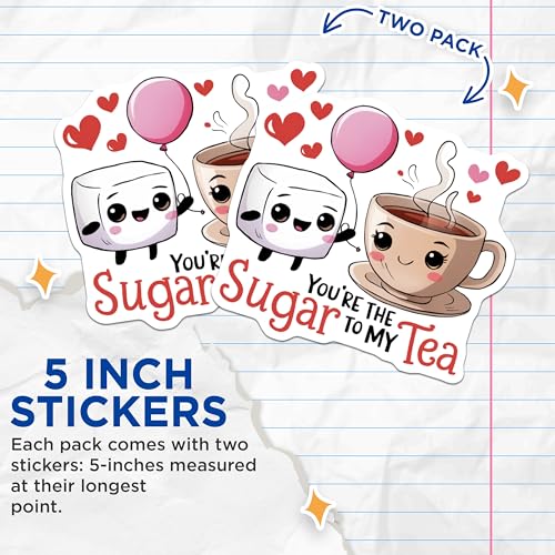 (2 Pack) Cute Sugar to My Tea Stickers - Adorable Drinking Themed Stickers - Romantic Food Stickers - 5" On Longest Side - Sticks to Smooth Flat Surfaces - Made in USA - BMCS5329