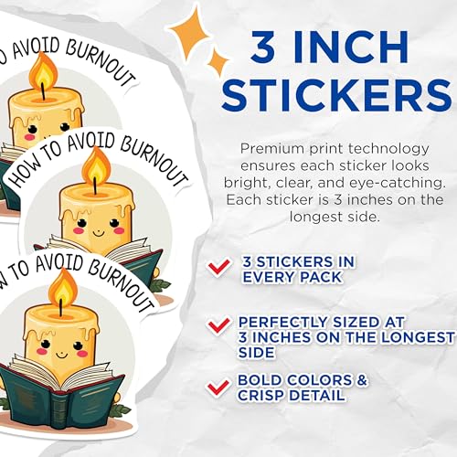(3 Pack) Avoid Burnout Decals - Candle Reading Book - Mental Health Decals - 3 Inches On Longest Side - Easy Peel & Apply - Made in USA - 3MCS4853