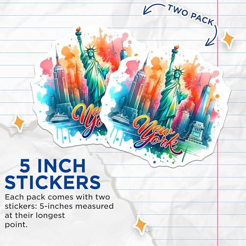 (2 Pack) New York Skyline Stickers - Travel Souvenir - Colorful Cityscape Sticker - 5" On Longest Side - Sticks to Smooth Flat Surfaces - Made in USA - BMCS7086