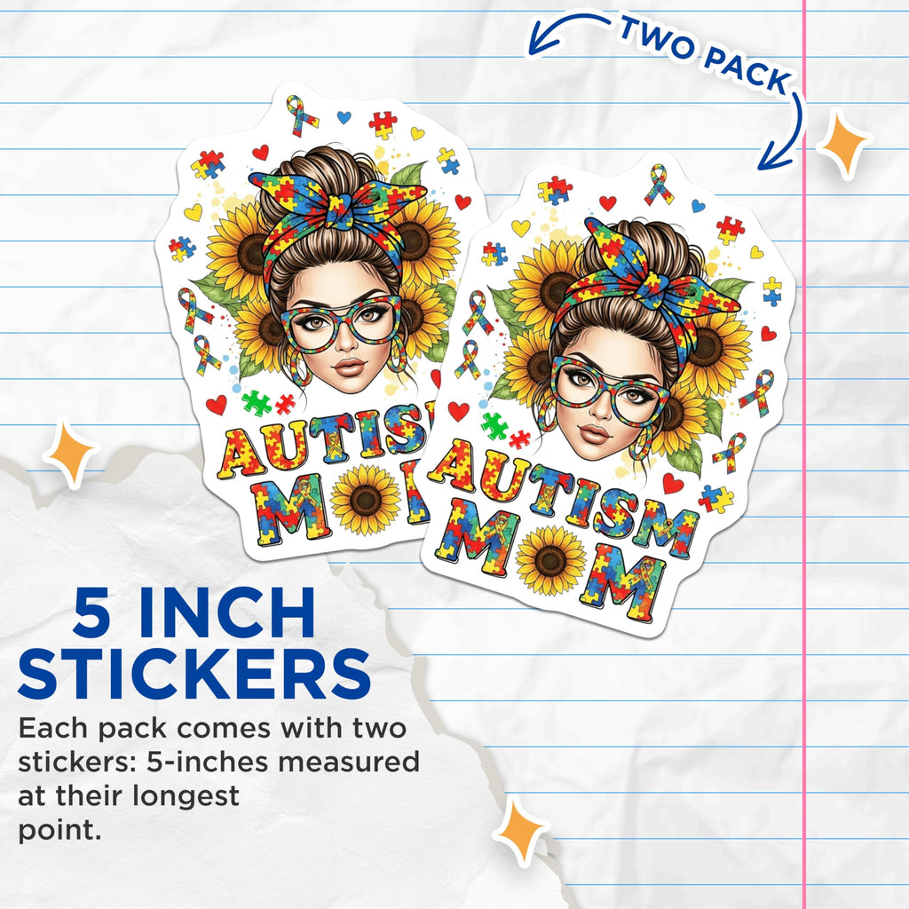 (2 Pack) Autism Mom Stickers - Messy Bun Awareness - Sunflower Puzzle Piece Design - 5" On Longest Side - Sticks to Smooth Flat Surfaces - Made in USA - BMCS20524